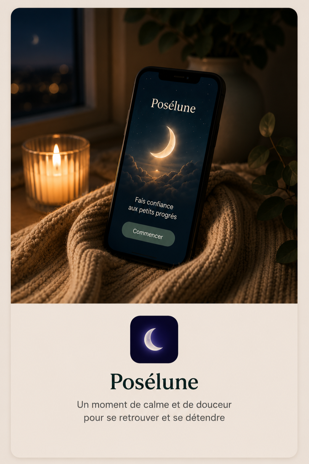 Application Posélune affichée sur un smartphone dans une ambiance relaxante avec une bougie et une lumière chaleureuse.