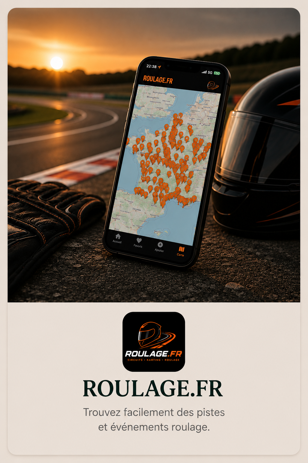Application Roulage.fr affichant une carte de circuits moto avec équipement de pilote au coucher du soleil.