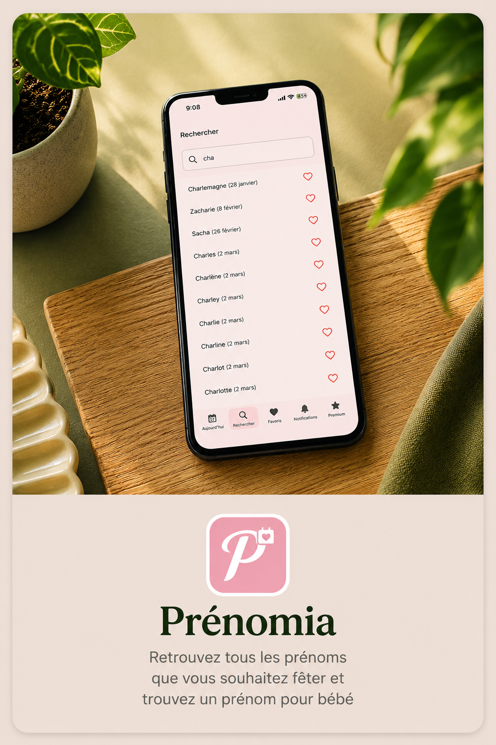 Application Prénomia affichant une recherche de prénoms sur smartphone dans une ambiance naturelle et chaleureuse.