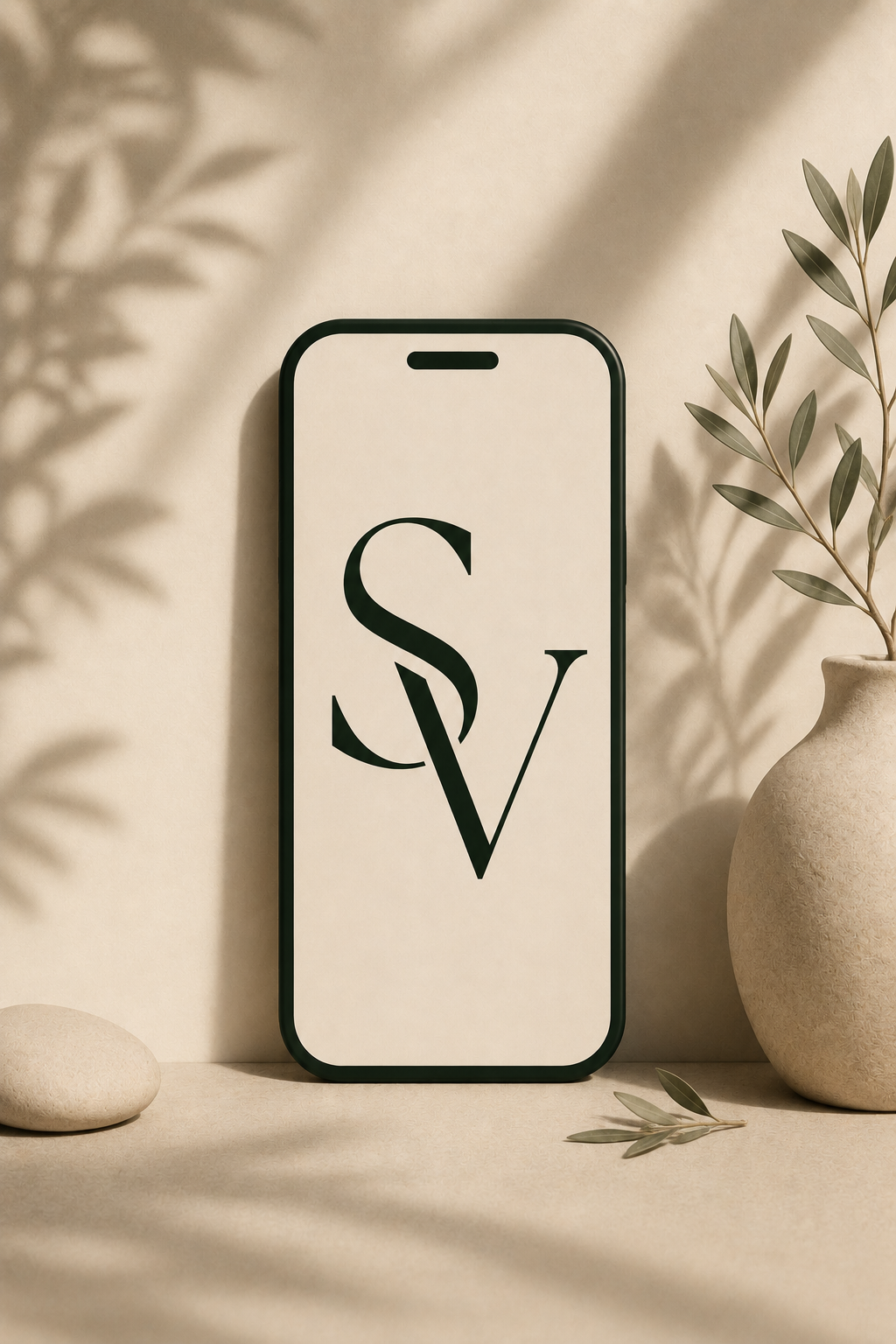 Une illustration d'un téléphone portable affichant un logo avec un S et un V stylisés, placé sur une surface beige avec une plante en pot à droite, et une pierre plate à gauche, avec des ombres douces sur le mur en arrière-plan.