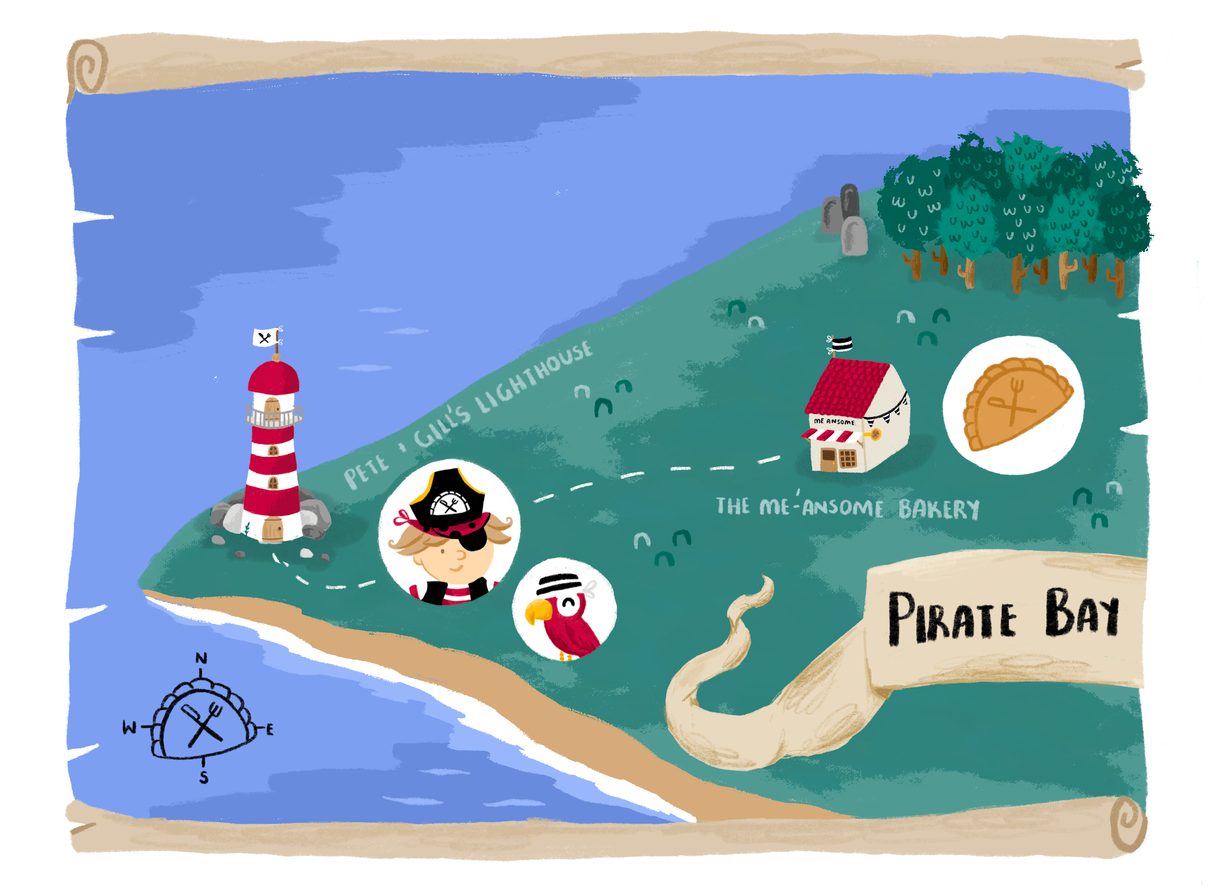 Children's illustrated map of Pirate Bay showing a lighthouse, a pirate girl, a parrot, a bakery, and a tent in the woods, with a compass rose and labeled locations.