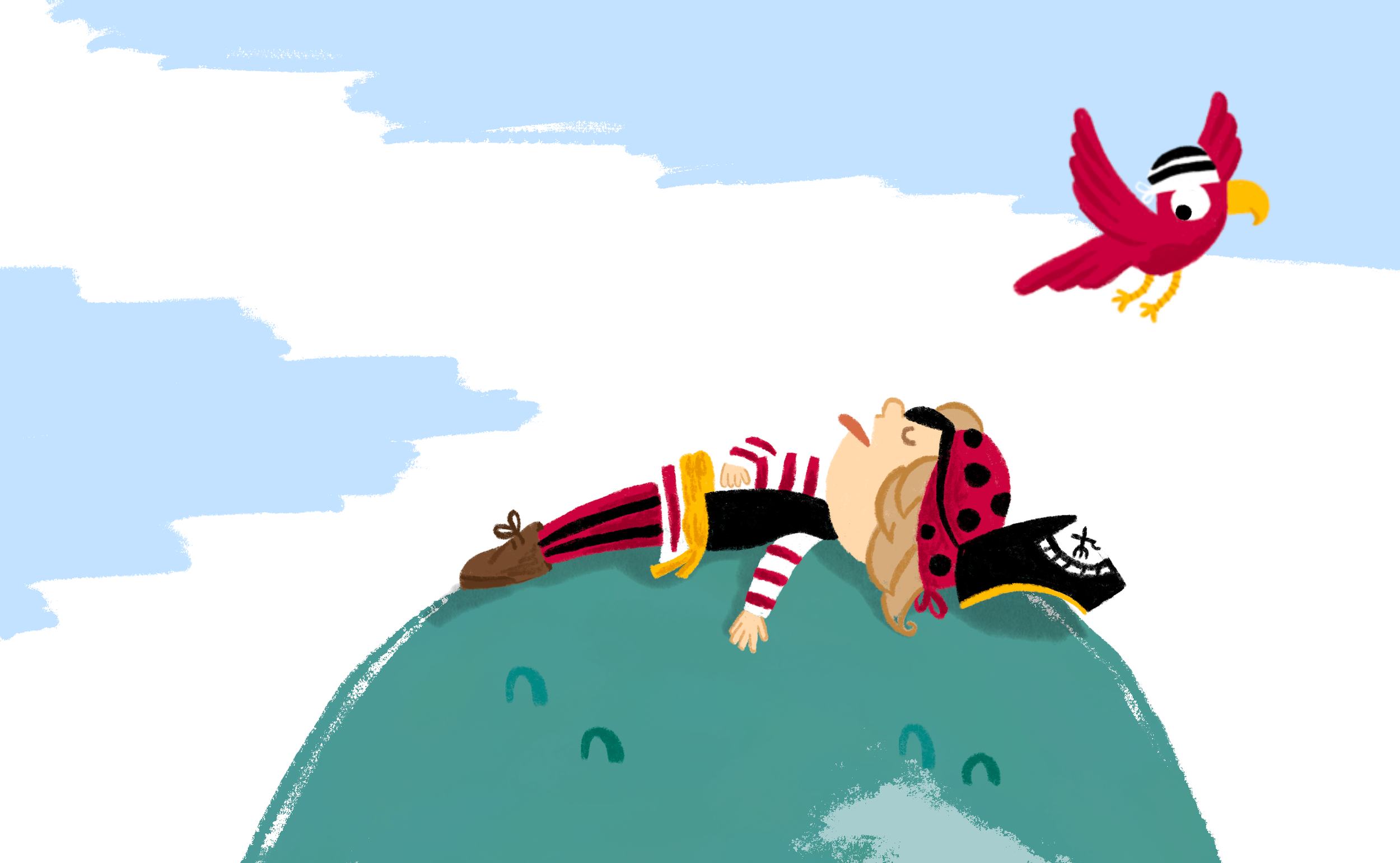 A cartoon illustration of a girl with a red headband and a ladybug hat, lying on her back on a curved green hill with a smile and eyes closed. A red parrot with a black and white striped headband flies above her against a light blue sky with clouds.