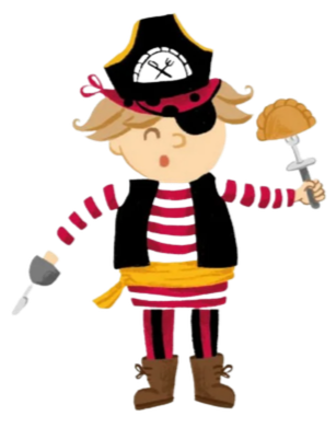 Cartoon child dressed as a pirate with an eyepatch, pirate hat, striped red and black shirt, holding a hammer, and wearing boots.
