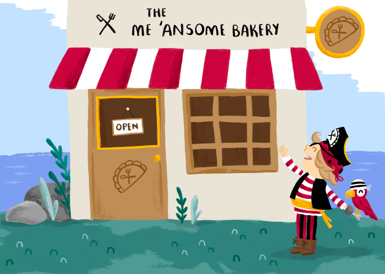 Illustration of a bakery with a red and white striped awning. A sign reads 'The Me 'Ansome Bakery' and there is a small 'Open' sign on the door. A person dressed as a pirate, with a pirate hat and striped shirt, is waving and smiling, with a red bird perched on their arm.