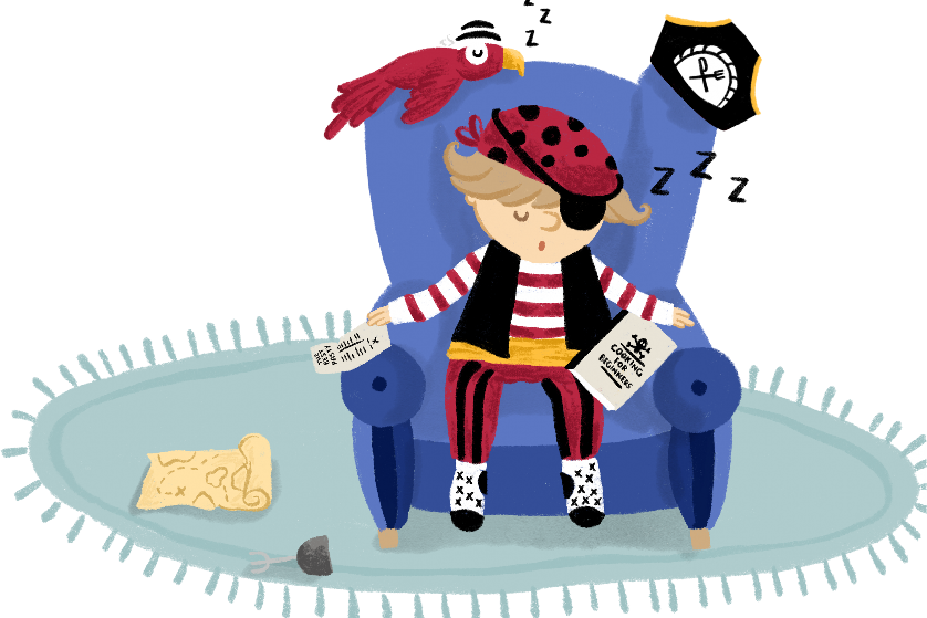 Child dressed as a pirate with a striped shirt, red and black hat, sleeping in a blue armchair. A red parrot is perched on the armchair, and a black pirate hat is hanging on the back. The child is holding a newspaper and a remote control, with a rolled-up paper on the floor, and a napkin or cloth nearby.