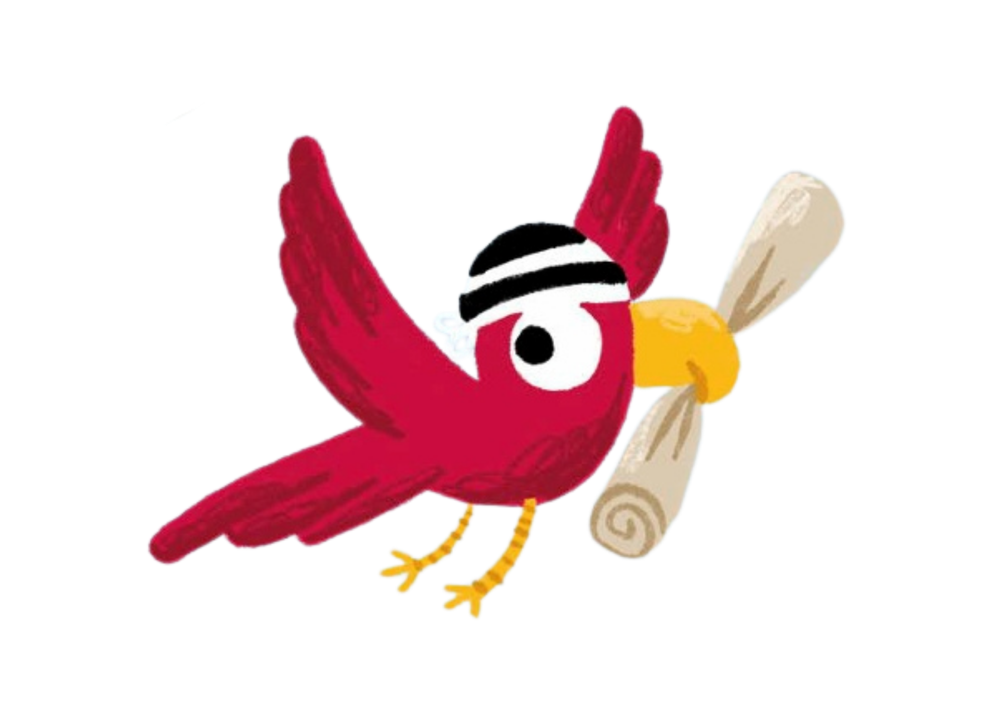 Cartoon red bird with a black and white eye patch, holding a rolled parchment and a popsicle, wearing a pirate hat and red gloves.