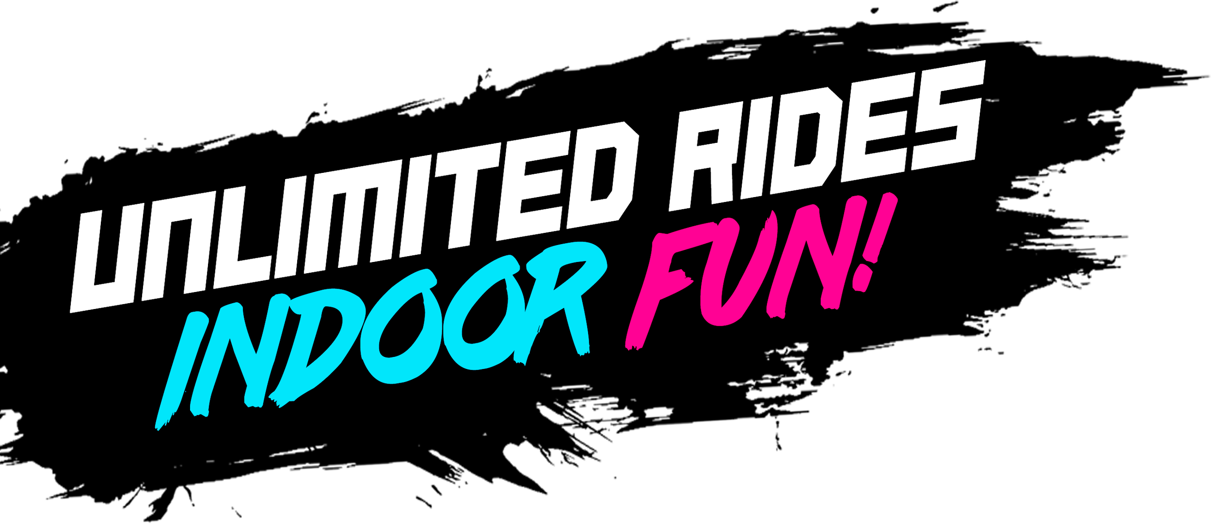 Brightly colored text reading 'ULSTERED RIDES' in white, 'INDOOR' in blue, and 'FUN!' in pink with a black paint-like background.