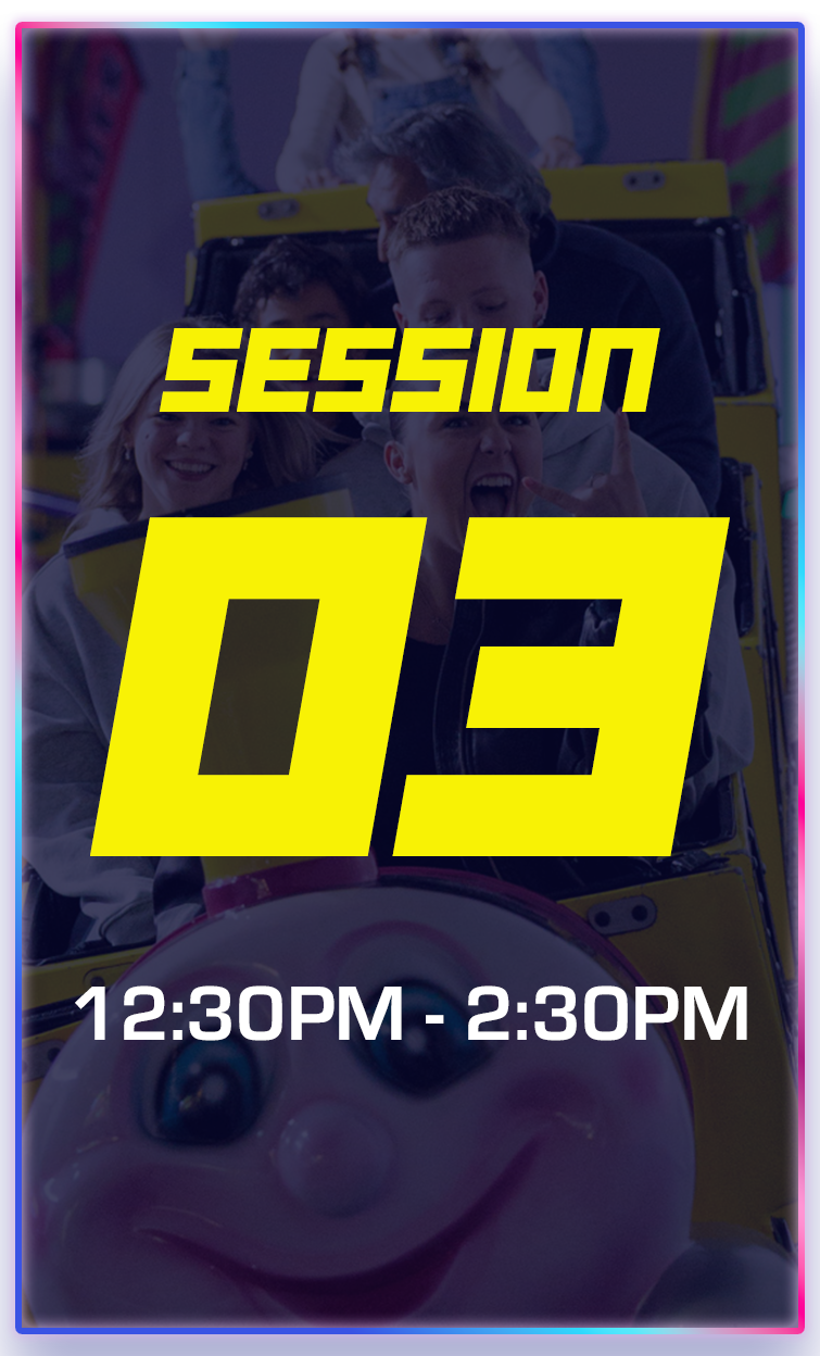 Group of children riding an amusement park ride with a cartoon character face at the front, advertising a session from 12:30 PM to 2:30 PM.