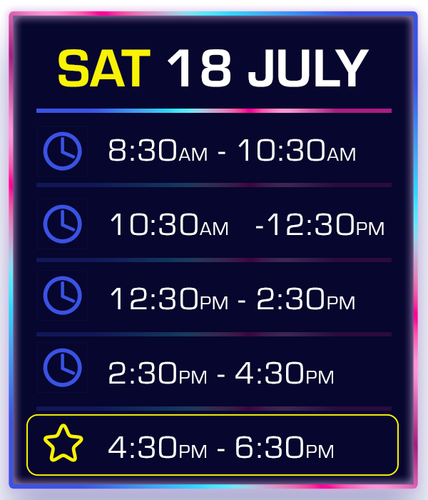 Event schedule displayed for Saturday, July 18, with time slots from 8:30 AM to 6:30 PM, including a highlighted session from 4:30 PM to 6:30 PM.