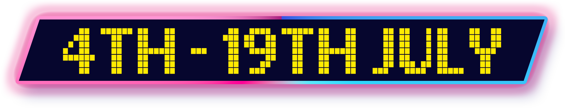 Digital display with pink and blue border showing the time 4:11 PM and the message 'STAY @ HOME' in yellow pixelated letters.