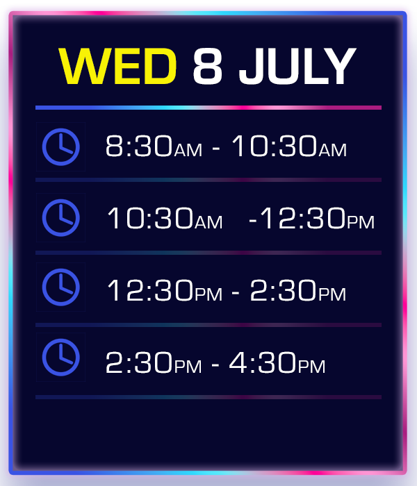 Digital schedule board displaying dates and times for Wednesday, July 8, with four time slots from 8:30 AM to 4:30 PM.