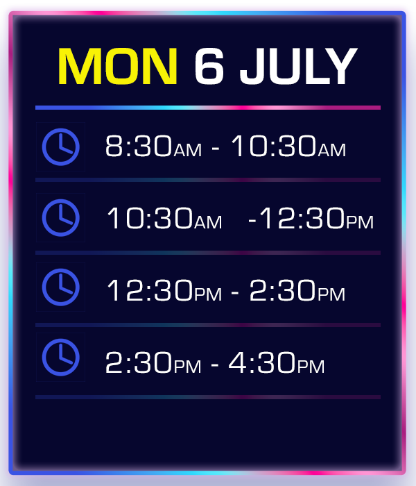 Schedule board displaying time slots for July 6, with four sessions from 8:30 AM to 4:30 PM.