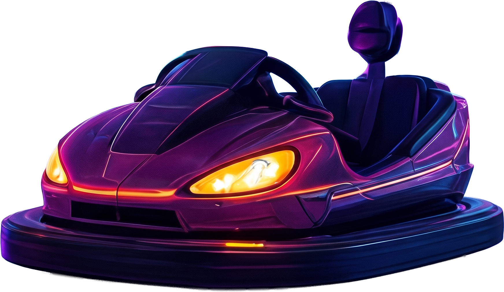 Futuristic, purple and black hover motorcycle with glowing yellow headlights and neon accents, set against a dark background.