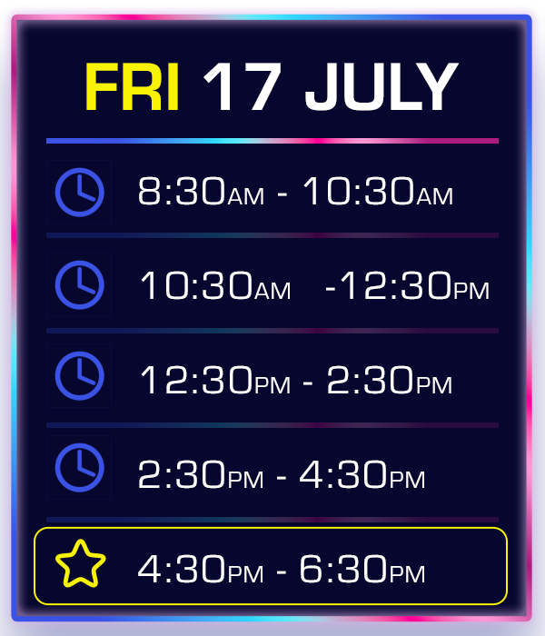 Schedule for Friday, July 17, displaying time slots from 8:30 AM to 6:30 PM, with a highlighted slot from 4:30 PM to 6:30 PM.
