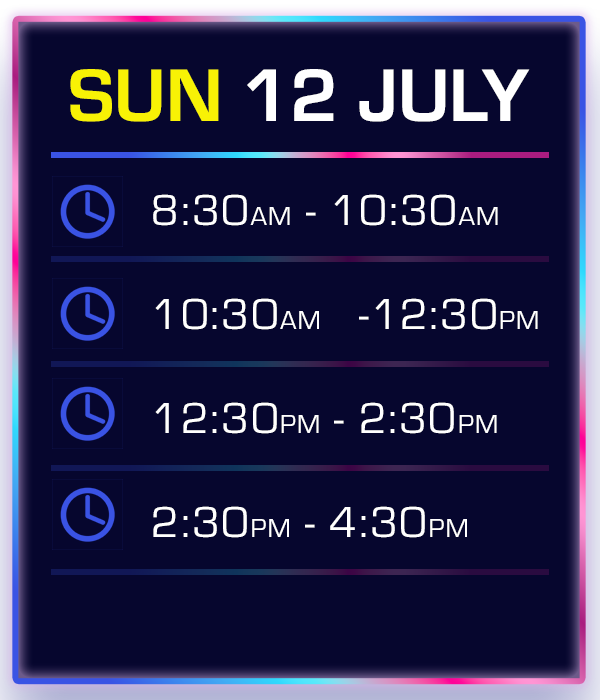 Schedule for Sunday, July 12, showing four time slots from 8:30 AM to 4:30 PM, each with a clock icon.