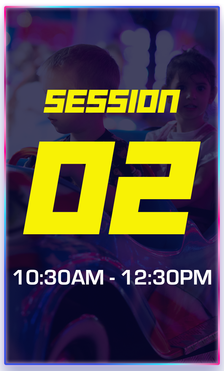 Sign advertising a gaming session from 10:30 AM to 12:30 PM, featuring children in arcade or amusement setting with a neon-colored border.