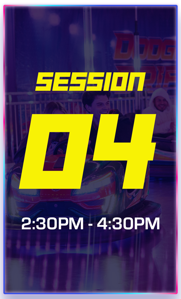 An amusement park bumper car ride with people smiling, illuminated by colorful lights, overlaid with yellow text displaying event details.
