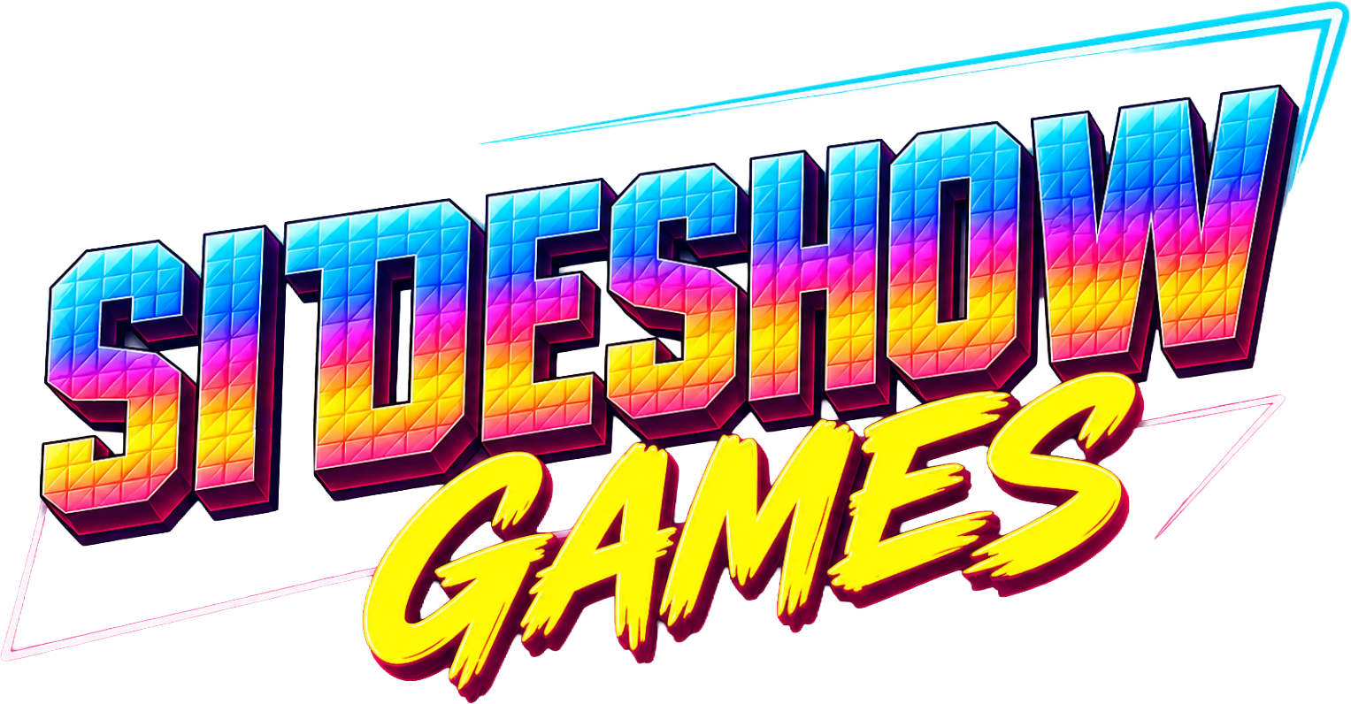 Bright, colorful logo for 'Sideshow Games' with a neon, retro 80s style design featuring pink, yellow, and blue hues.