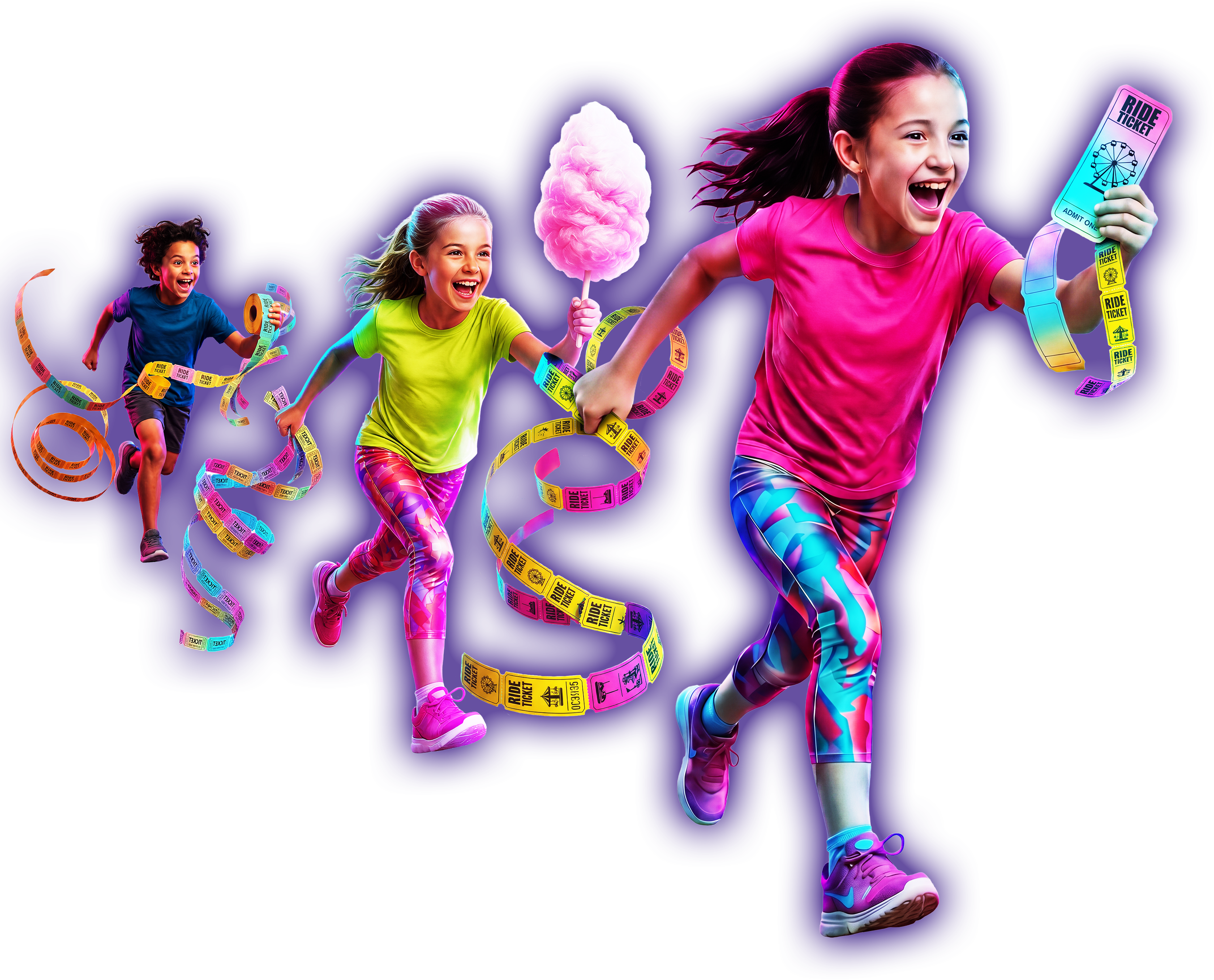 A group of children running happily with colorful ride tickets and cotton candy, with a dark blue background.