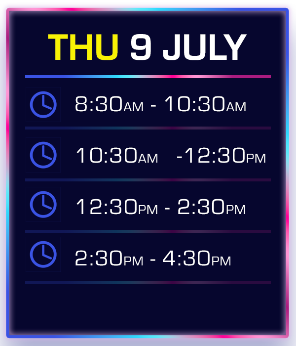 Schedule on a digital display board shows different time slots for July 9th, with four hourly intervals from 8:30 AM to 4:30 PM.