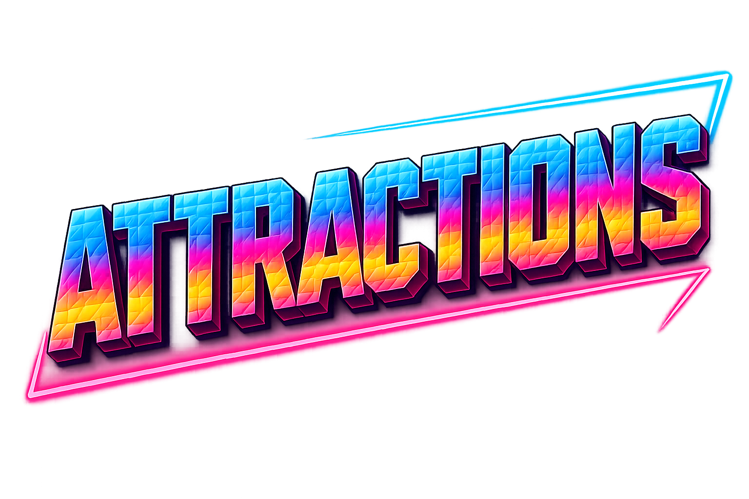 Colorful neon sign with the word "ATRATION" in large, three-dimensional letters, featuring a gradient of blue, pink, and orange hues on a dark background.