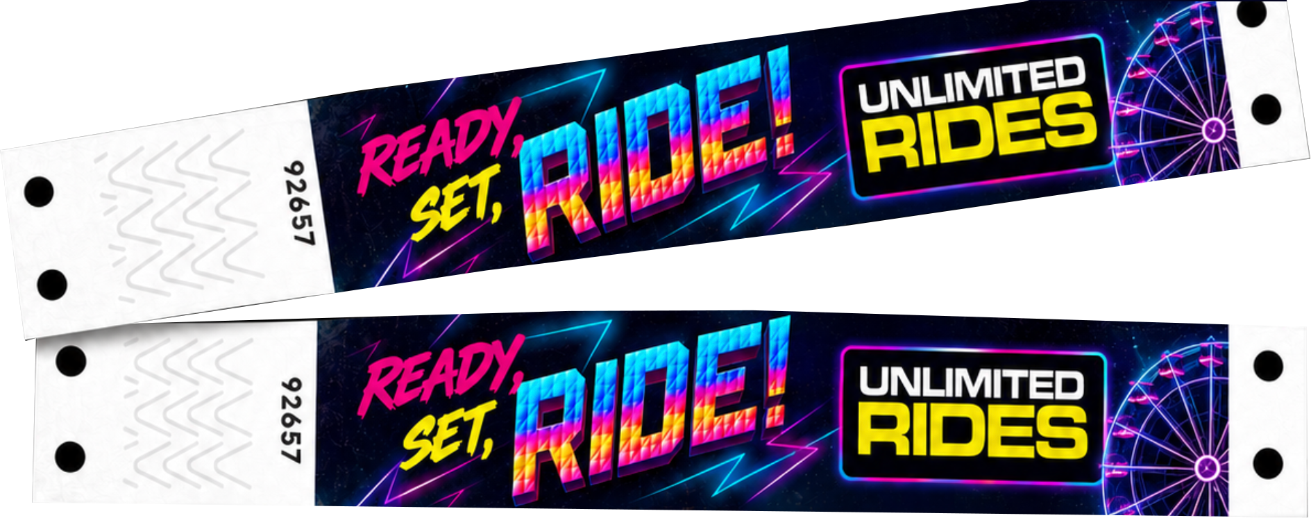 Two colorful roller coaster tickets with neon text that says "Ready, Set, Ride!" and "Unlimited Rides," featuring a ferris wheel in the background.