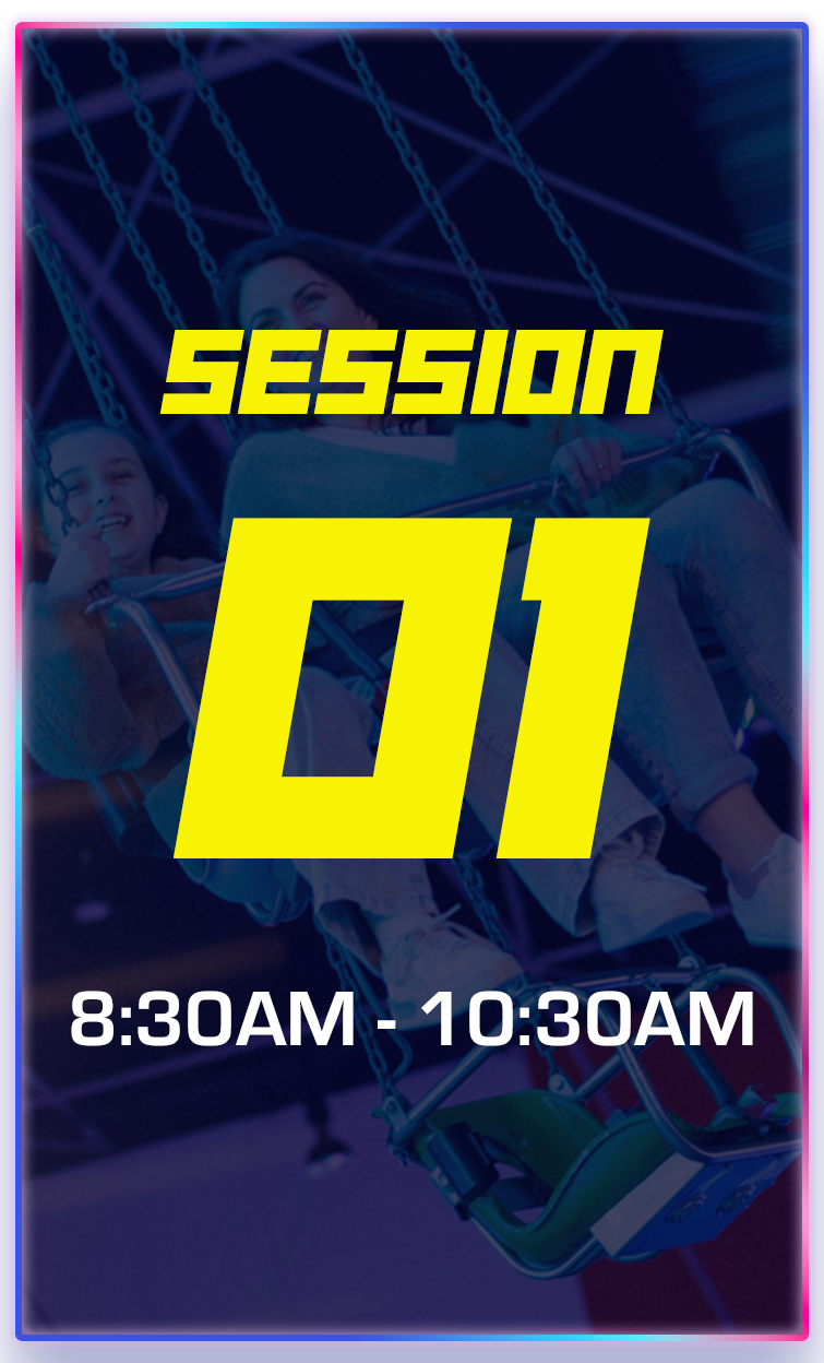 A poster advertising a session from 8:30 AM to 10:30 AM, with a background image of two children on a swing ride at an amusement park, illuminated by neon lights.