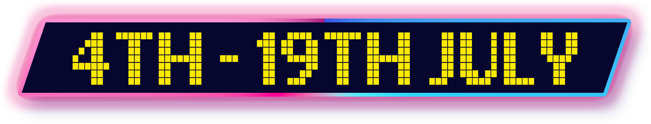 Pixelated digital display with pink, purple, and blue background showing the date April 19, 2024.