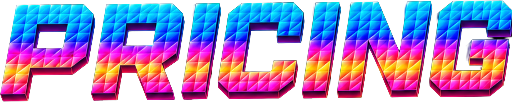 Colorful, 3D-style text spelling 'PRICING' with a diamond pattern and a gradient from blue to pink and yellow on a black background.