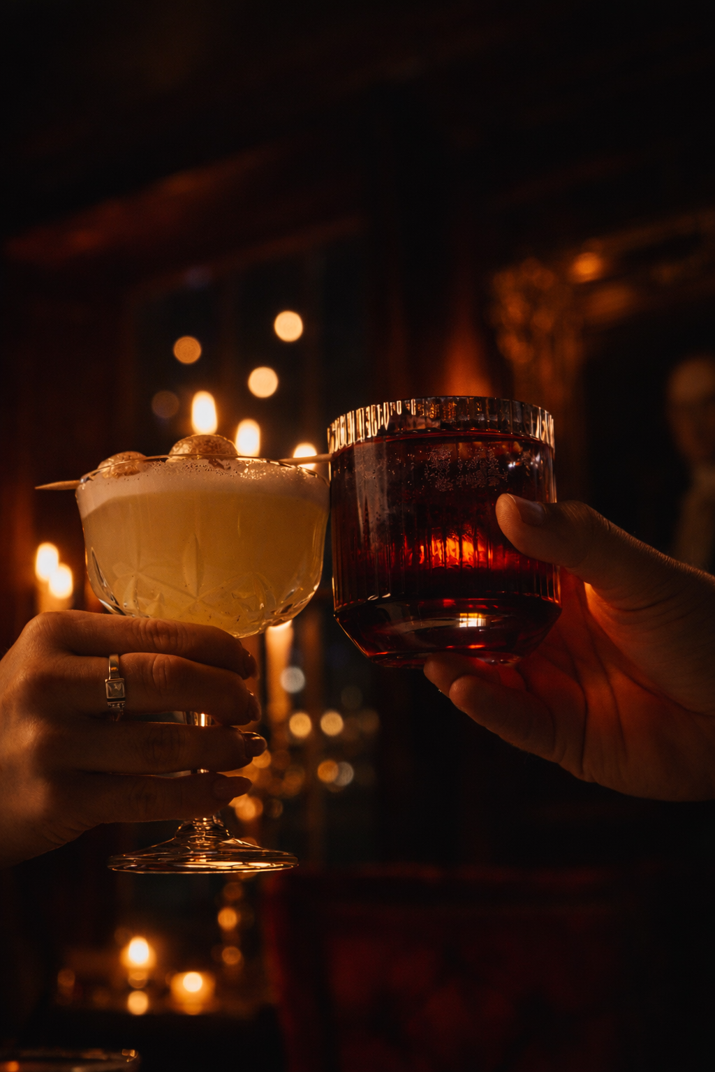 Two hands hold drinks in a dimly lit, cosy bar. One hand with a ring holds a cocktail glass with a creamy drink garnished with foam and skewers. The other hand holds a glass of red wine. Warm candlelight illuminates the background.
