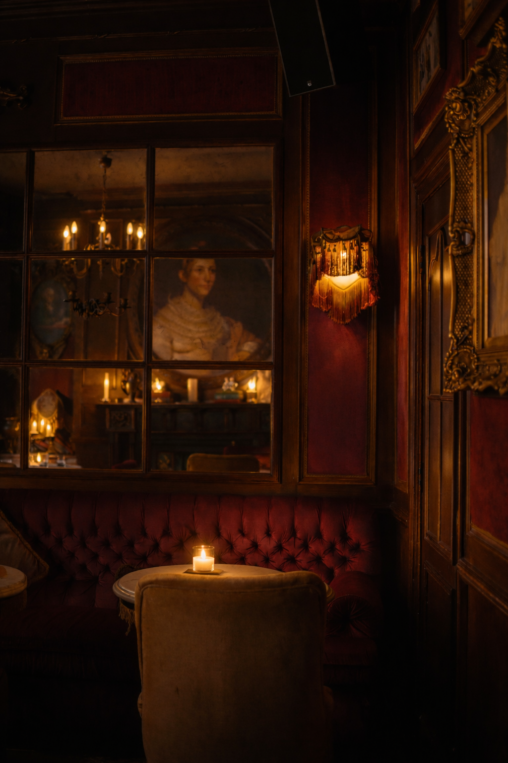 A dimly lit vintage-style room with dark wood paneling and red velvet upholstery. There is a small table with a lit candle, a velvet armchair, and an ornate wall sconce. A mirror reflects a portrait and a chandelier.