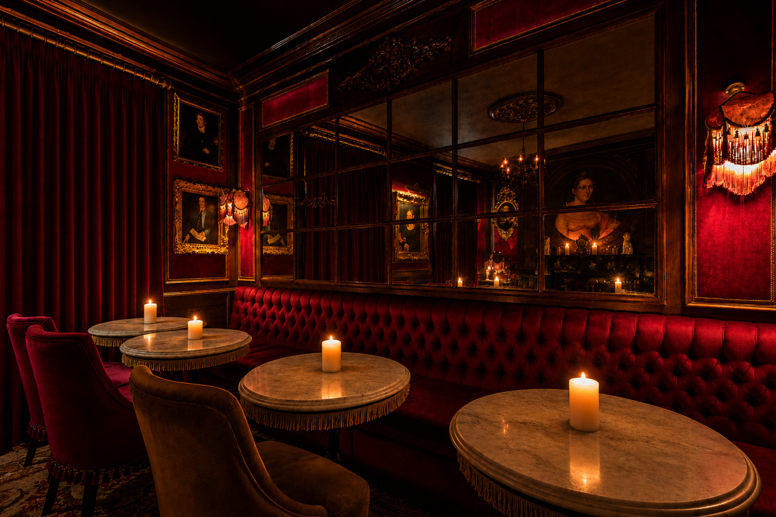 Elegant lounge with red velvet seating, marble-topped tables, candles, and framed classical portraits on deep red walls with gold accents. Mirrors reflect the warm, dim lighting.