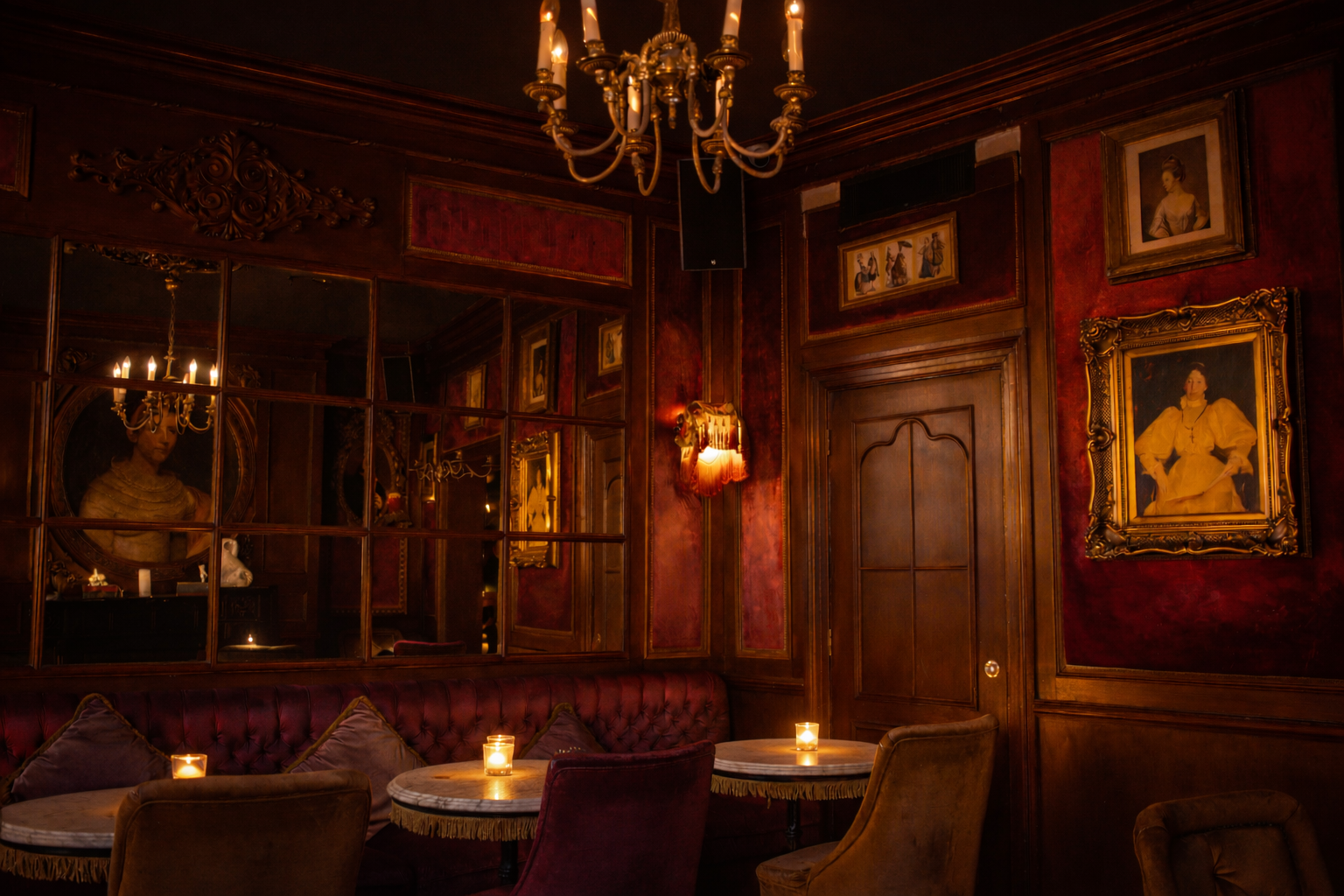 Elegant dimly lit vintage lounge with dark wood paneled walls, framed paintings, velvet seating, small tables with lit candles, ornate wall sconces, and a chandelier.