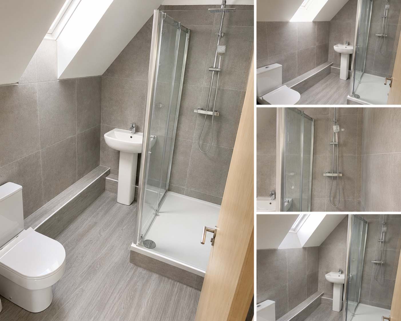 Modern bathroom with beige tiles, skylight, walk-in shower with glass door, toilet, and pedestal sink.