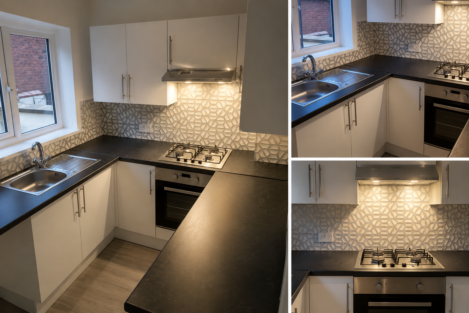 View of a modern kitchen with white cabinets, black countertops, a stainless steel sink, a gas stove, and an oven, with a geometric patterned backsplash and a window showing a brick building outside.