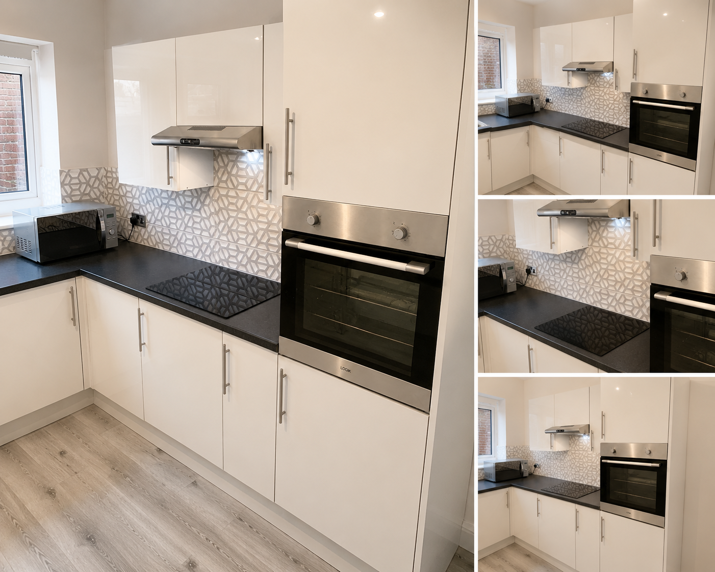Collage of a modern kitchen with white cabinets, black countertops, a patterned backsplash, a built-in oven, a microwave, and a cooktop, with a window showing a brick wall outside.
