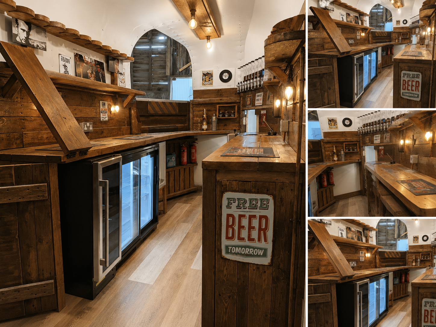 A cozy bar area with wooden decor, a small refrigerator, and signs indicating free beer tomorrow. The space features wooden countertops, shelves, and walls, Edison-style light bulbs, and vintage posters on the walls.