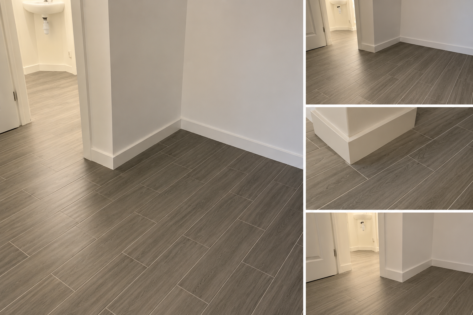 Multiple close-up shots of a corner and flooring in a room with gray wood-look tiles on the floor and white walls, including a small white baseboard and a partially visible door.