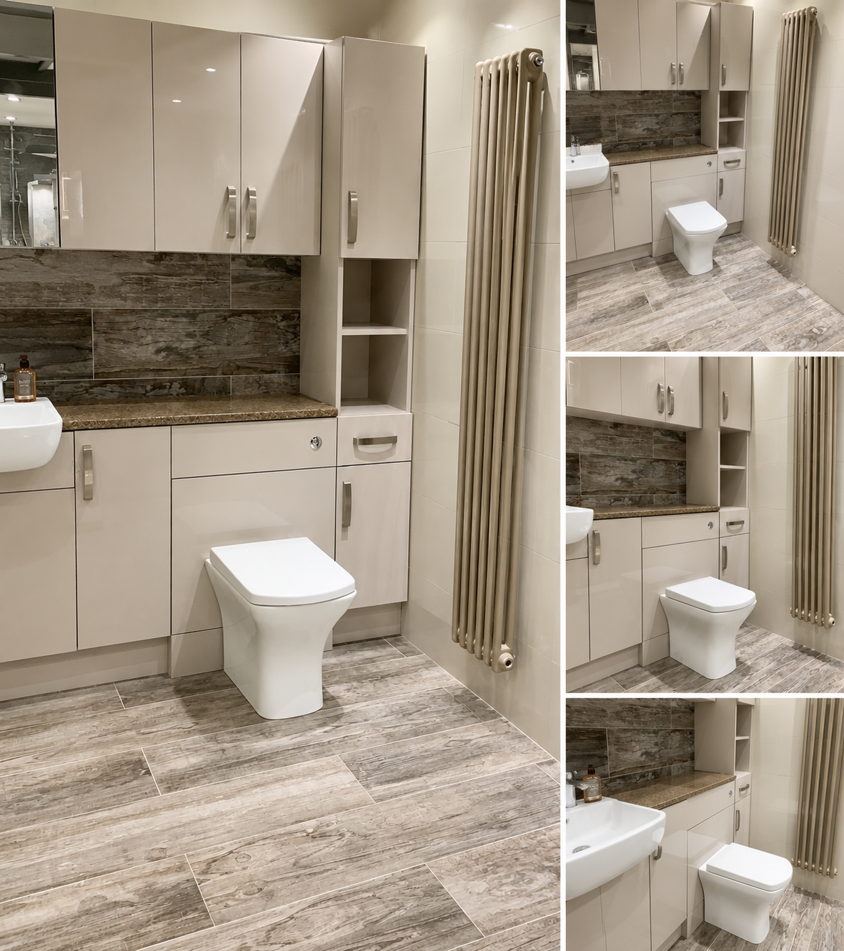 Bathroom with white cabinetry, a small sink, a modern toilet, beige tiled walls, wood-patterned floor tiles, and a tall beige radiator.