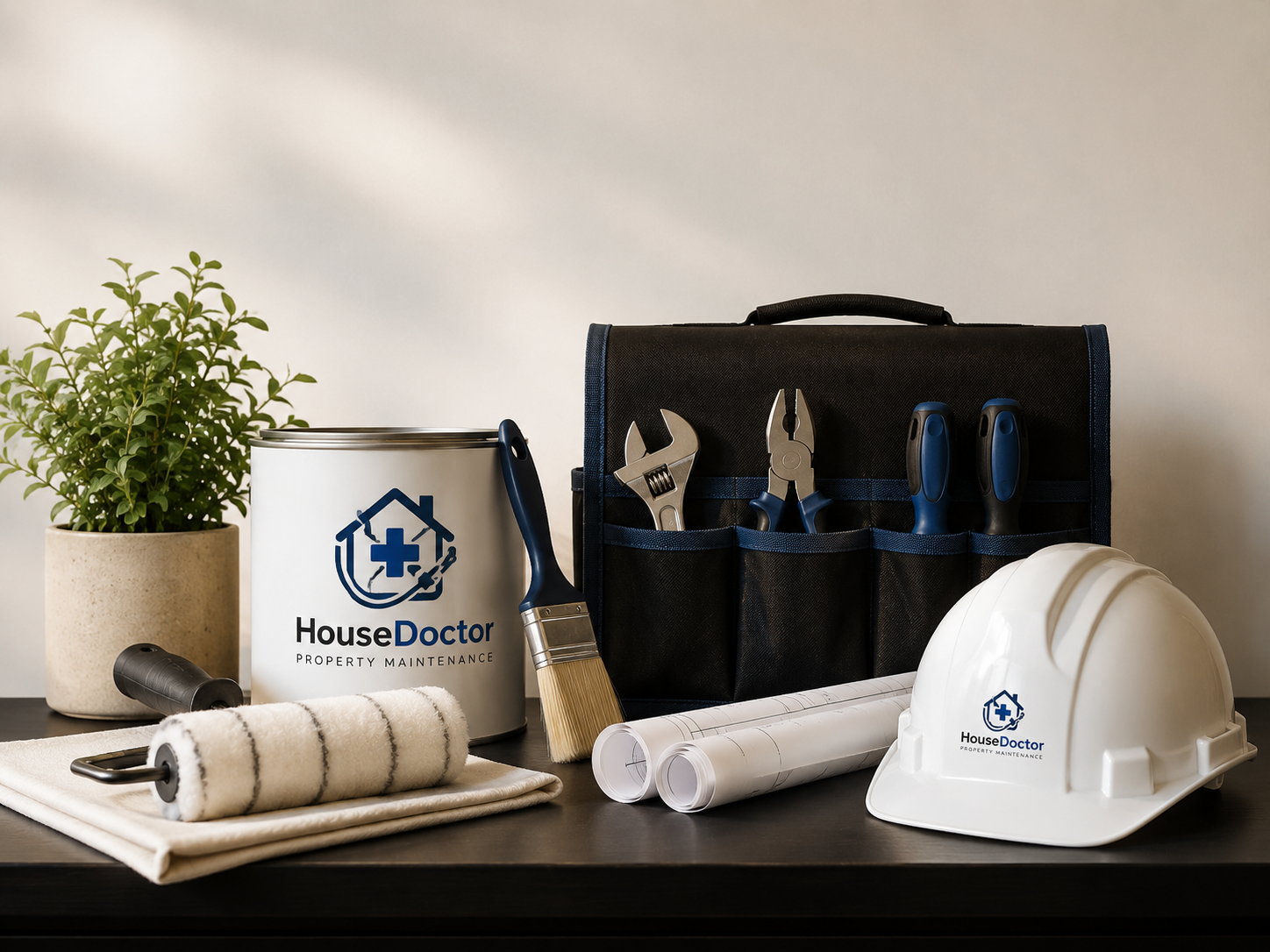 A collection of house maintenance tools and supplies including a potted plant, paint can labeled 'House Doctor Property Maintenance,' paint roller, paintbrush, rolled blueprints, a white safety helmet with the company logo, a black toolbox with screwdrivers, pliers, and an adjustable wrench, and a black flashlight on a dark wooden surface.