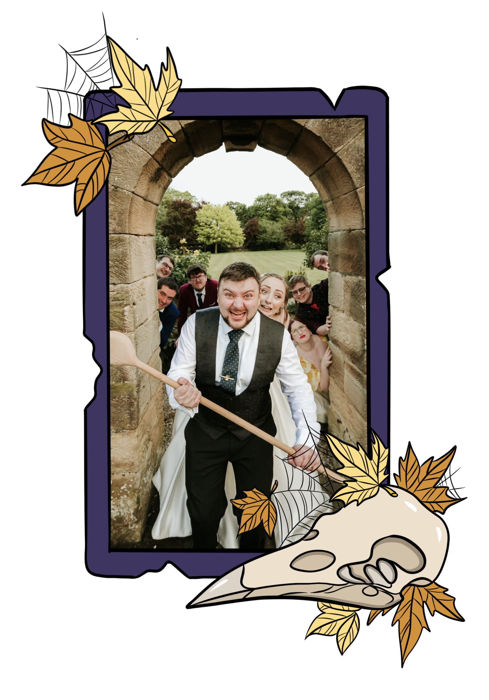 Groom stands in front of his bride brandishing a giant wooden spoon as a weapon in an archway. Their adventuring party peek around the corner behind them. Photo by https://www.gabrielasphotographyandfilm.com