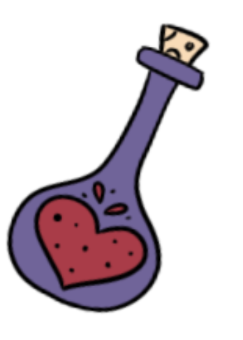 A cartoon illustration of a purple potion bottle shaped like a heart, with a small face and a straw coming out of it.