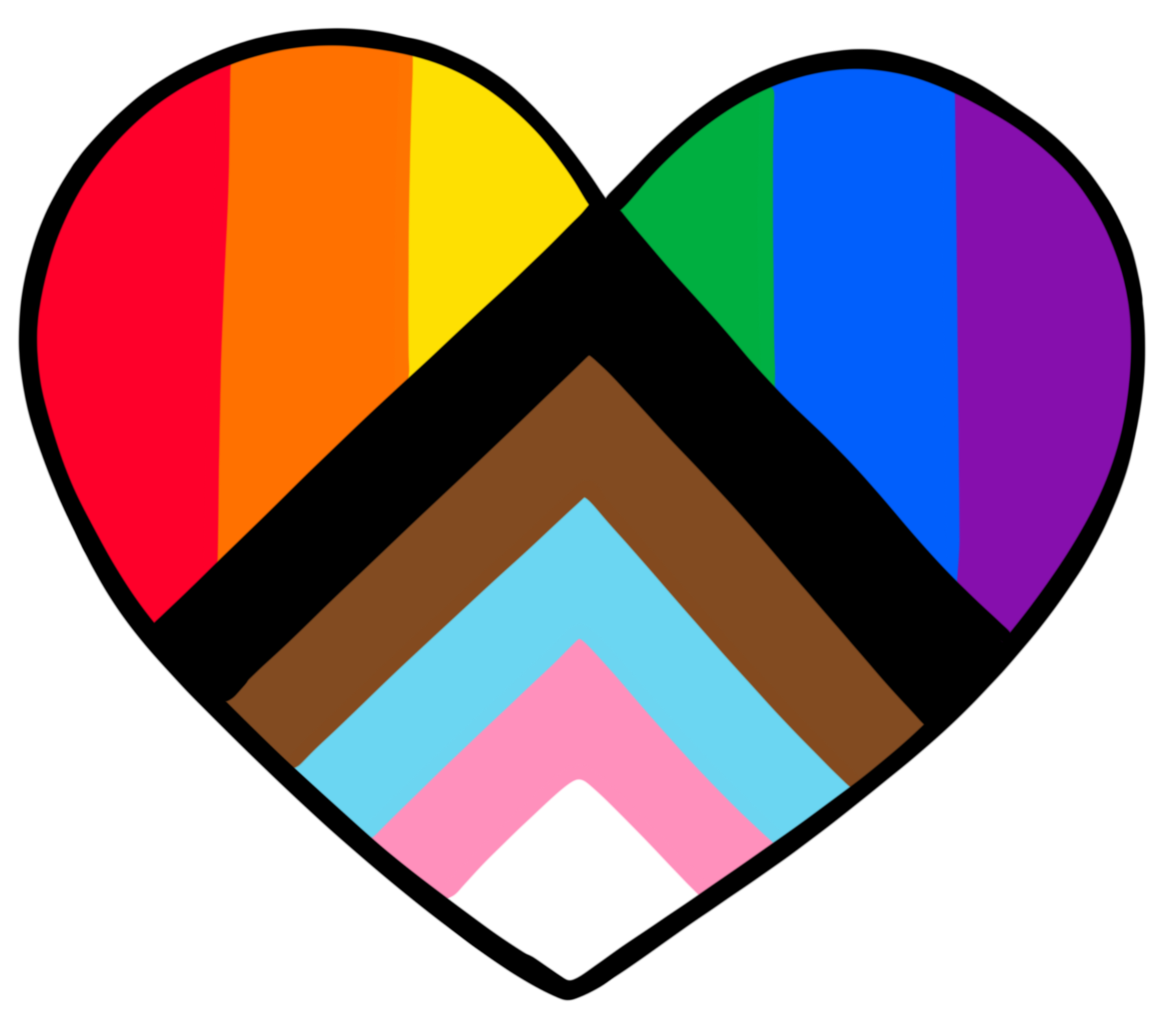A heart shape made of colorful geometric patterns arranged with rainbow colors on the top and pastel shades on the bottom to reflect the progress pride flag.
