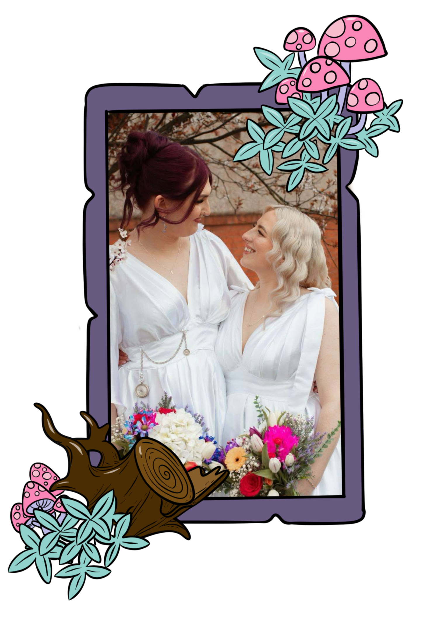 Two brides in matching white gowns stand side-by-side looking lovingly at each other. They are each holding a bouquet of brightly coloured flowers in all the colours of the rainbow. Image by https://www.rebeccastrydomphotography.com