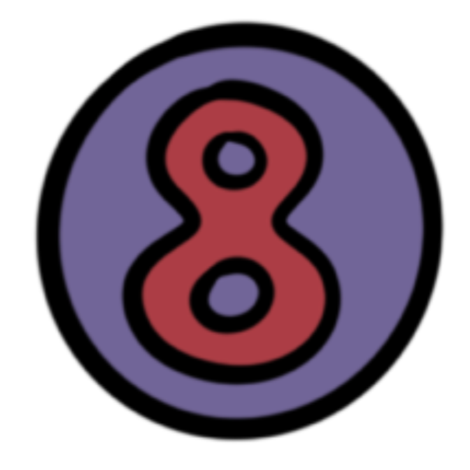 Number 8 in red with black outline on purple circular background.