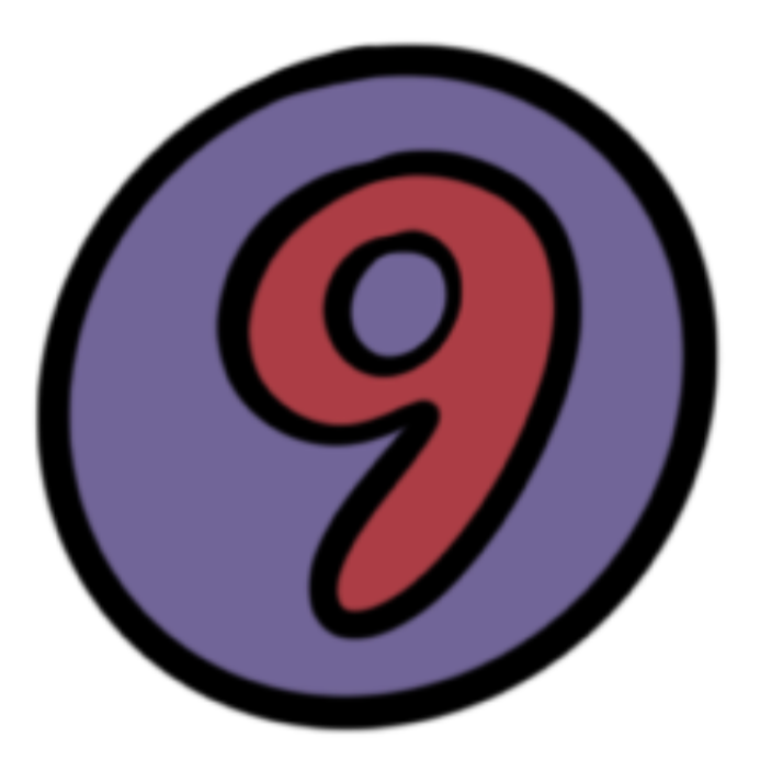 A stylized number nine with a red interior, outlined in black, on a purple circular background.