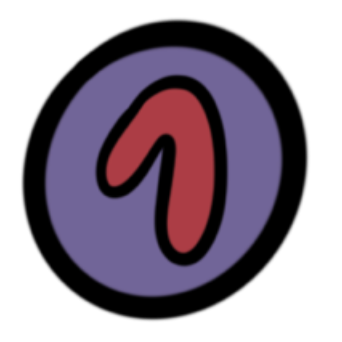A stylized drawing of a red, abstract shape within a purple circle, set against a black background.