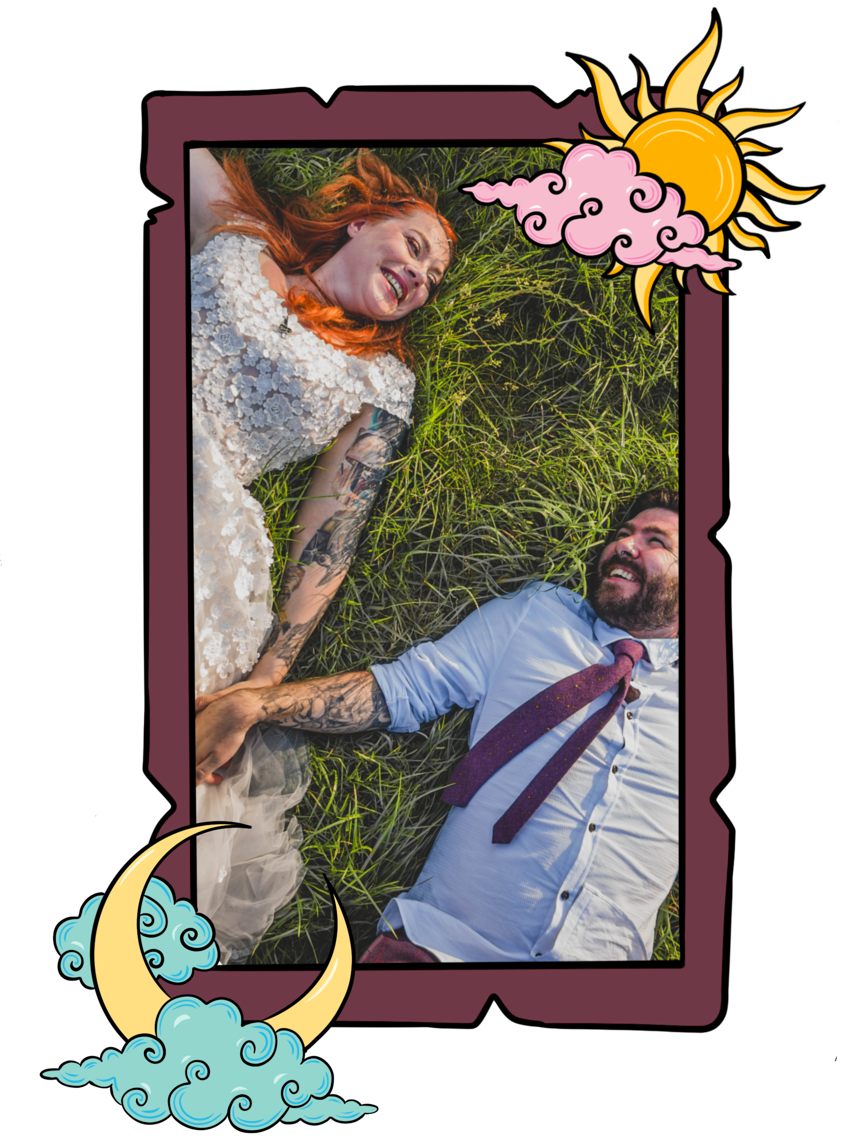 A tattooed bride in a white gown with small flower embellishments and a tattooed groom in a light blue shirt with a purple tie lie in the grass side-by-side holding hands. photo by www.emilyaugustaphotography.co.uk