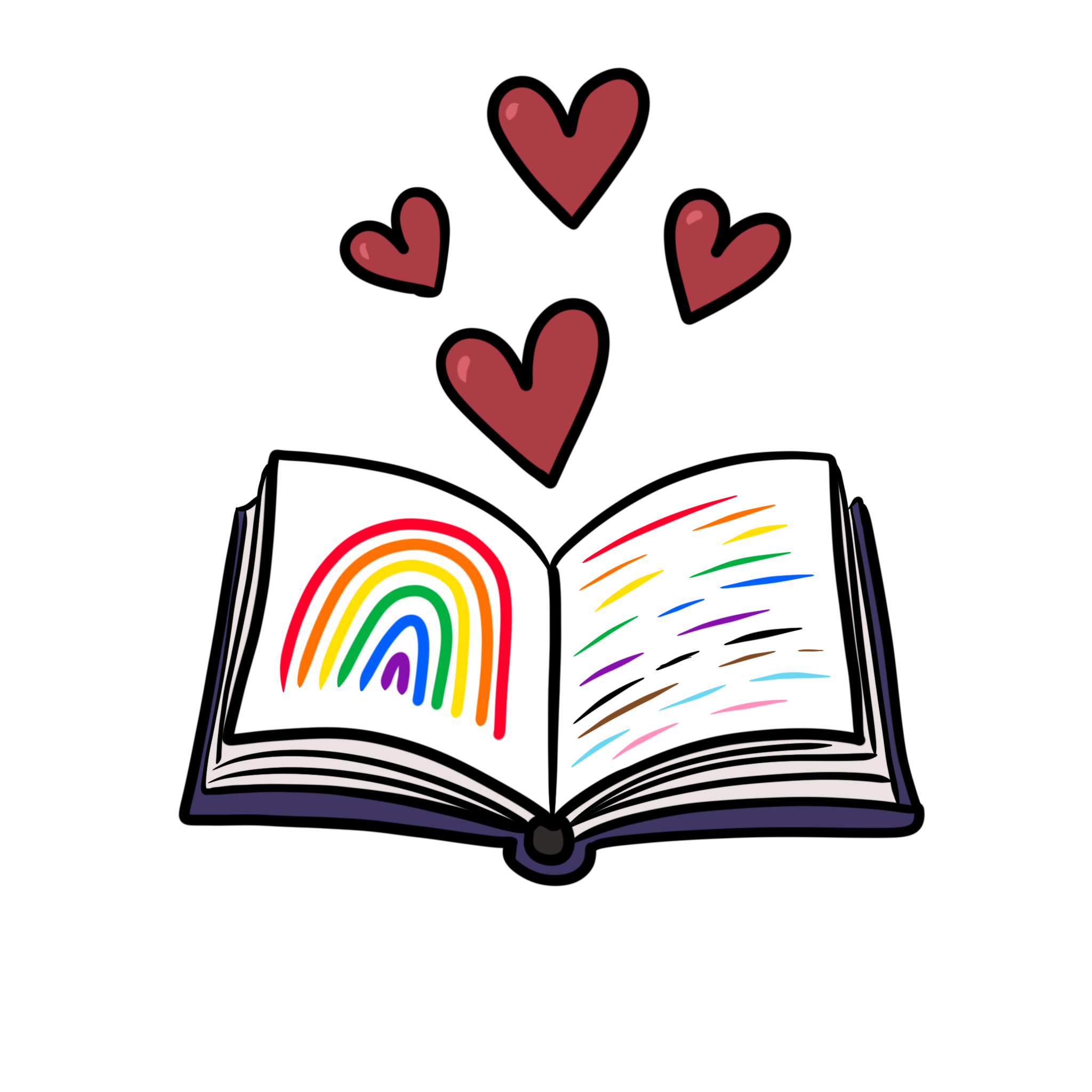 open book with pride colours and love hearts as drawn by Suzy Frost