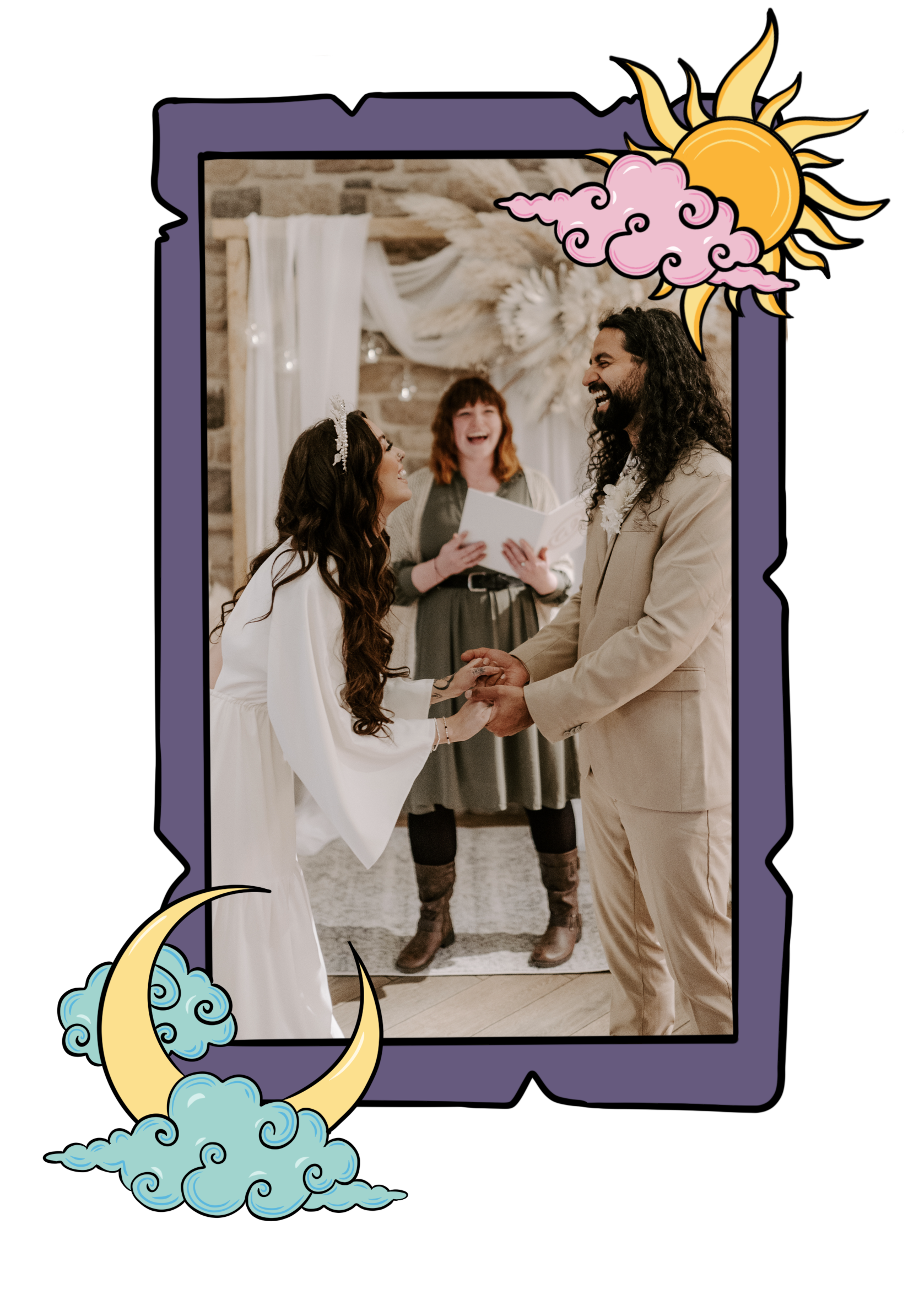 Bride and groom in boho style wedding outfits hold hands and laugh in the foreground, wedding celebrant is in the background laughing also while delivering ceremony